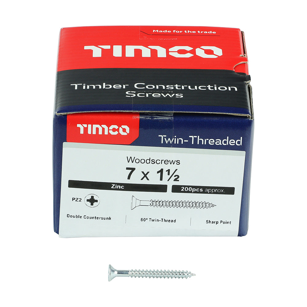 Twin Woodscrew PZ2 CSK Zinc - 7 x 1 1/2 | Box of 200
