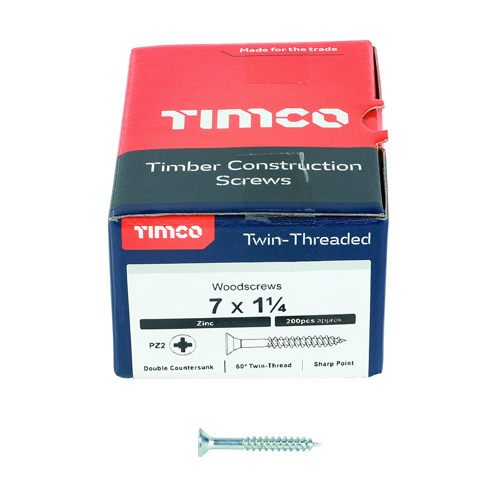 Twin Woodscrew PZ2 CSK Zinc - 7 x 1 1/4 | Box of 200