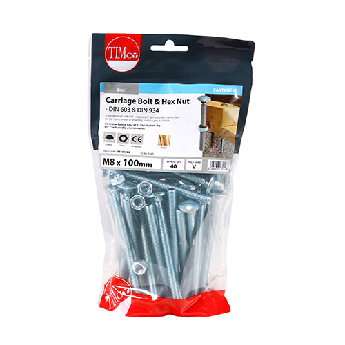 Carriage Bolt & Hex Nut - BZP - M8 x 100 | TIMpac of 4