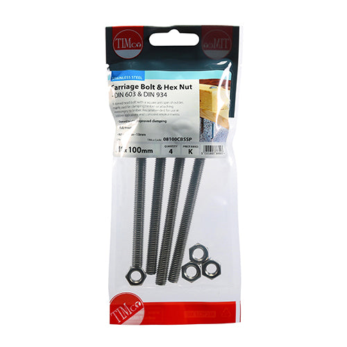 Carriage Bolt & Hex Nut -A2 SS - M8 x 100 | TIMpac of 4