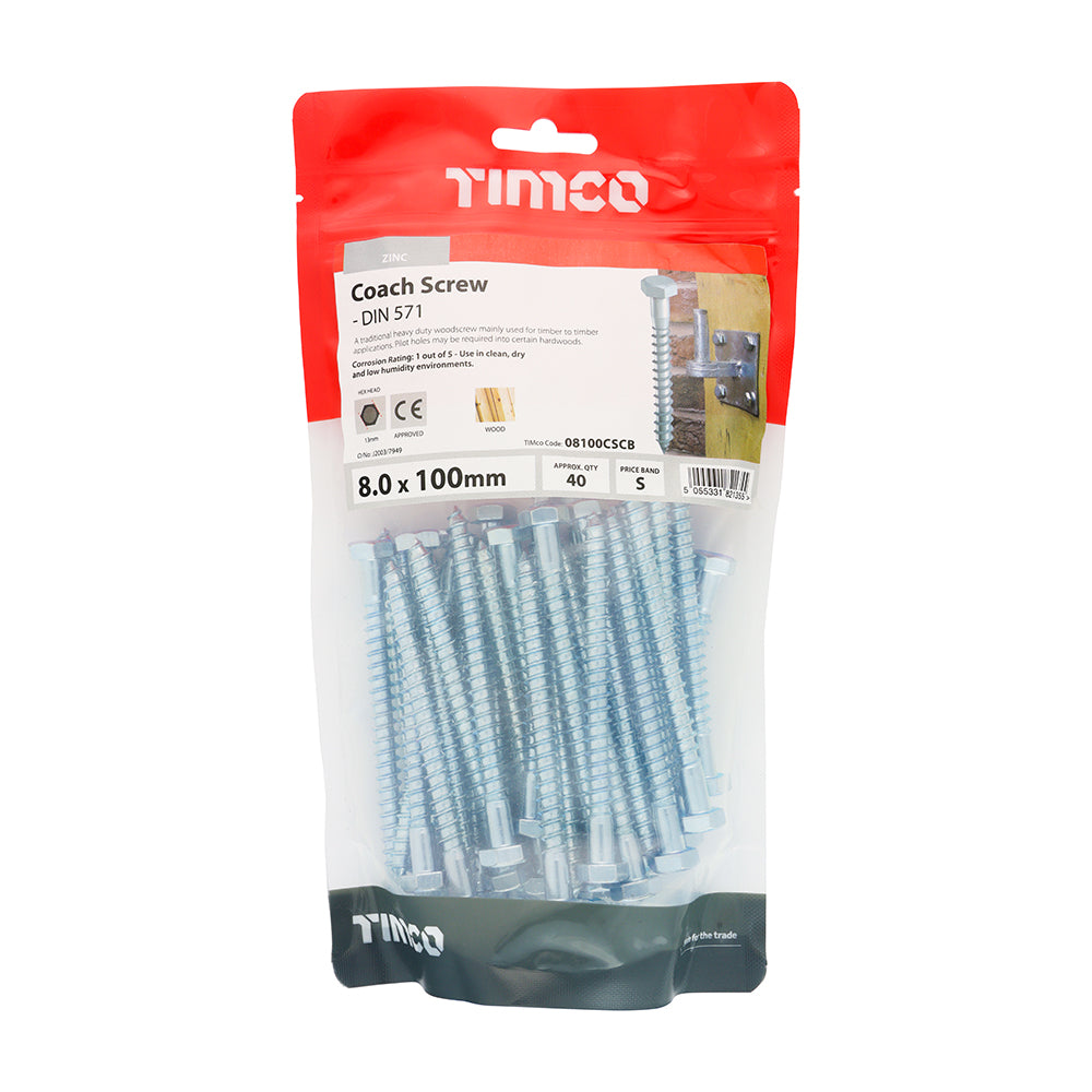 Coach Screw DIN 571 - BZP - 8.0 x 100 | TIMpac of 5