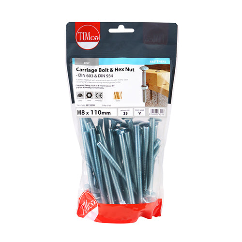 Carriage Bolt & Hex Nut - BZP - M8 x 110 | TIMpac of 3