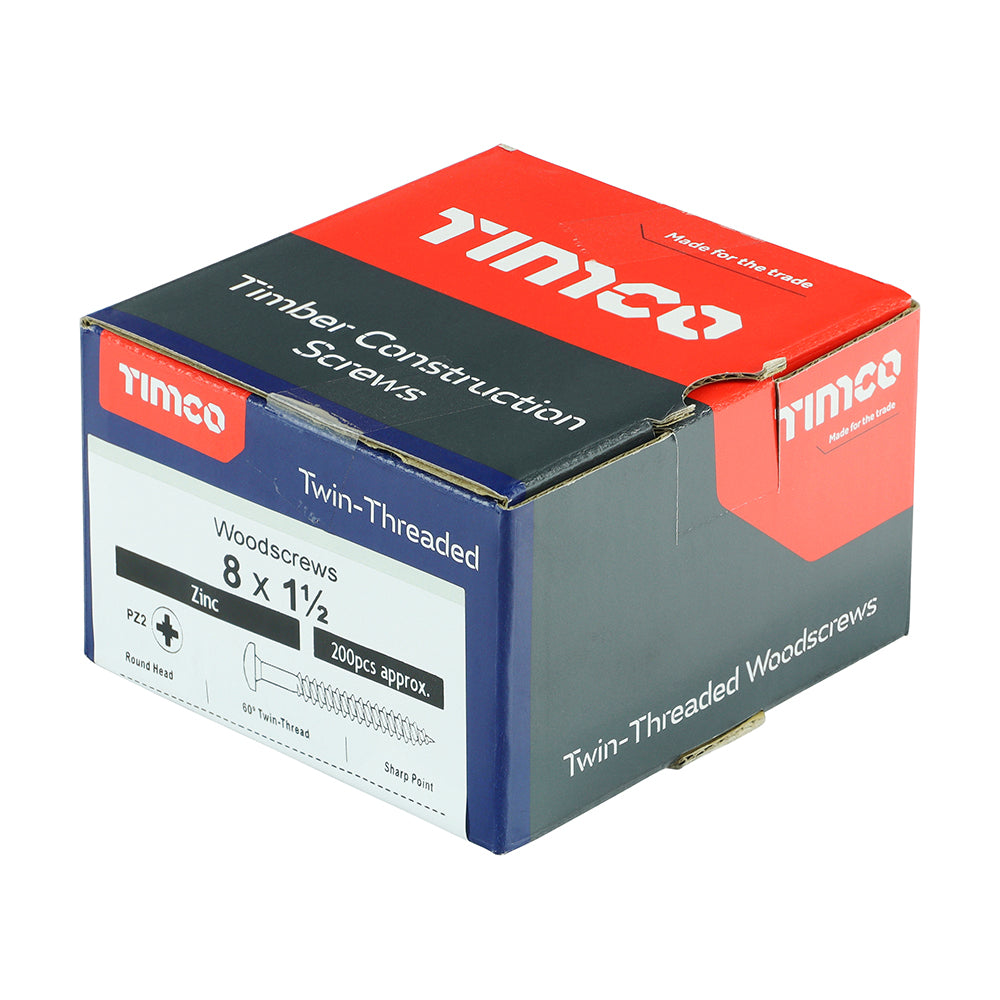 Twin Woodscrew PZ2 RND Zinc - 8 x 1 1/2 | Box of 200