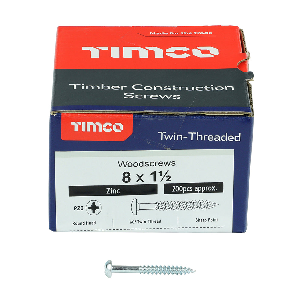 Twin Woodscrew PZ2 RND Zinc - 8 x 1 1/2 | Box of 200