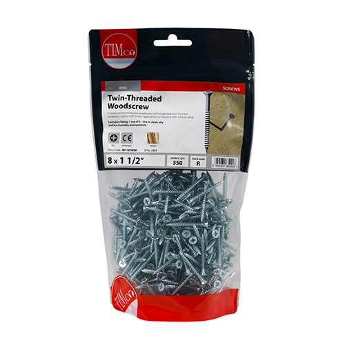Twin Woodscrew PZ2 CSK - BZP - 8 x 1 1/2 | TIMpac of 20