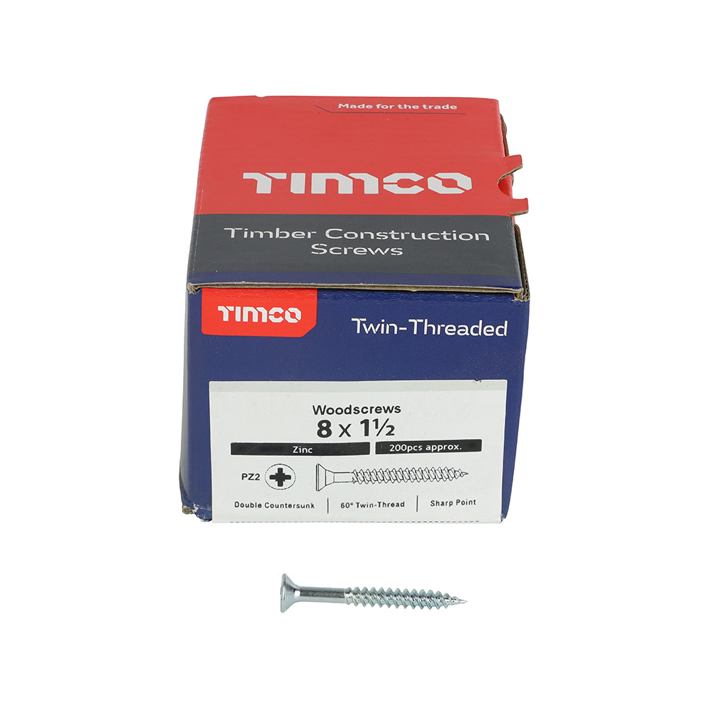 Twin Woodscrew PZ2 CSK Zinc - 8 x 1 1/2 | Box of 200