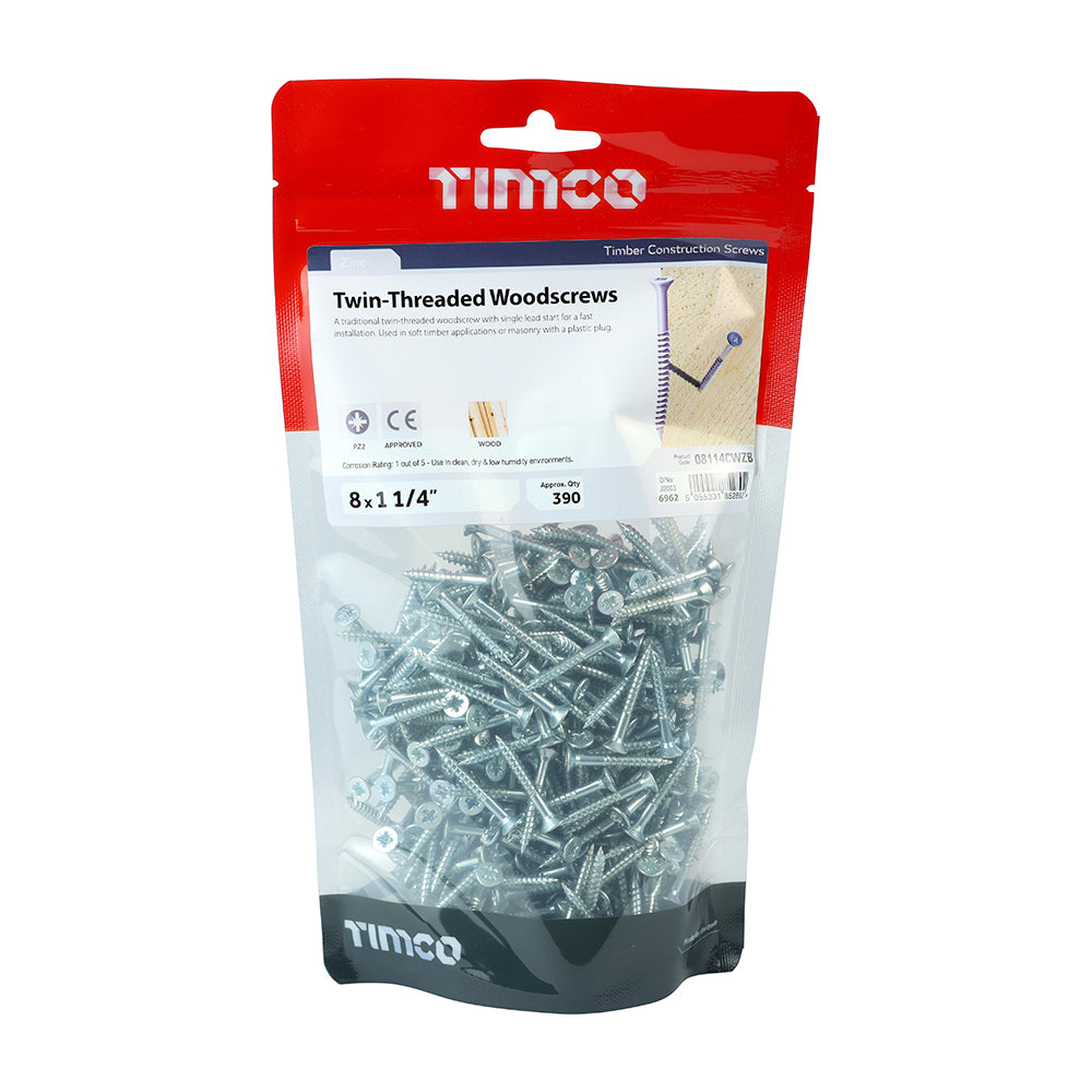 Twin Woodscrew PZ2 CSK - BZP - 8 x 1 1/4 | TIMpac of 25