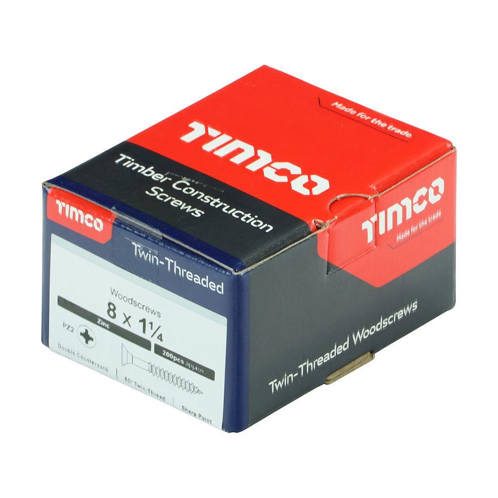 Twin Woodscrew PZ2 CSK Zinc - 8 x 1 1/4 | Box of 200