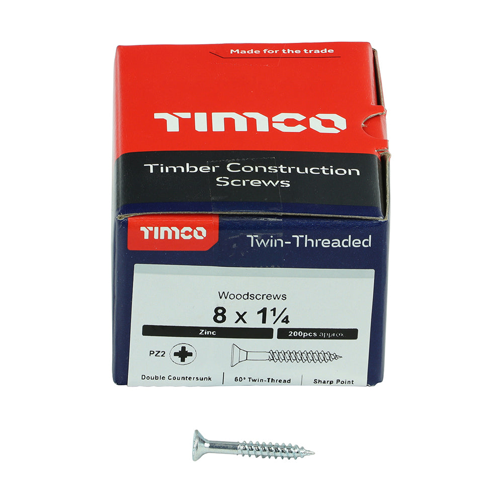 Twin Woodscrew PZ2 CSK Zinc - 8 x 1 1/4 | Box of 200