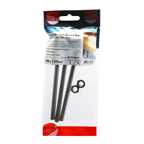 Carriage Bolt & Hex Nut -A2 SS - M8 x 130 | TIMpac of 3