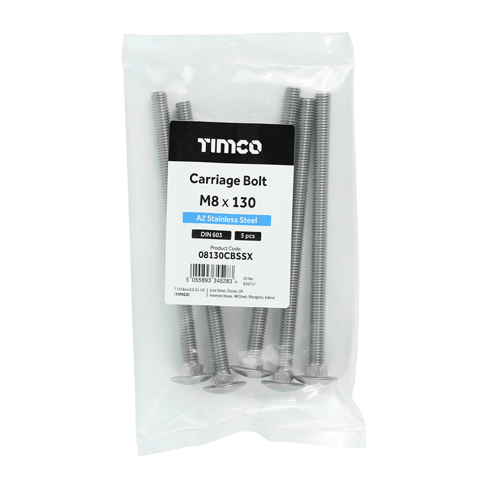 Carriage Bolt DIN 603 A2 SS - M8 x 130 | Bag of 5