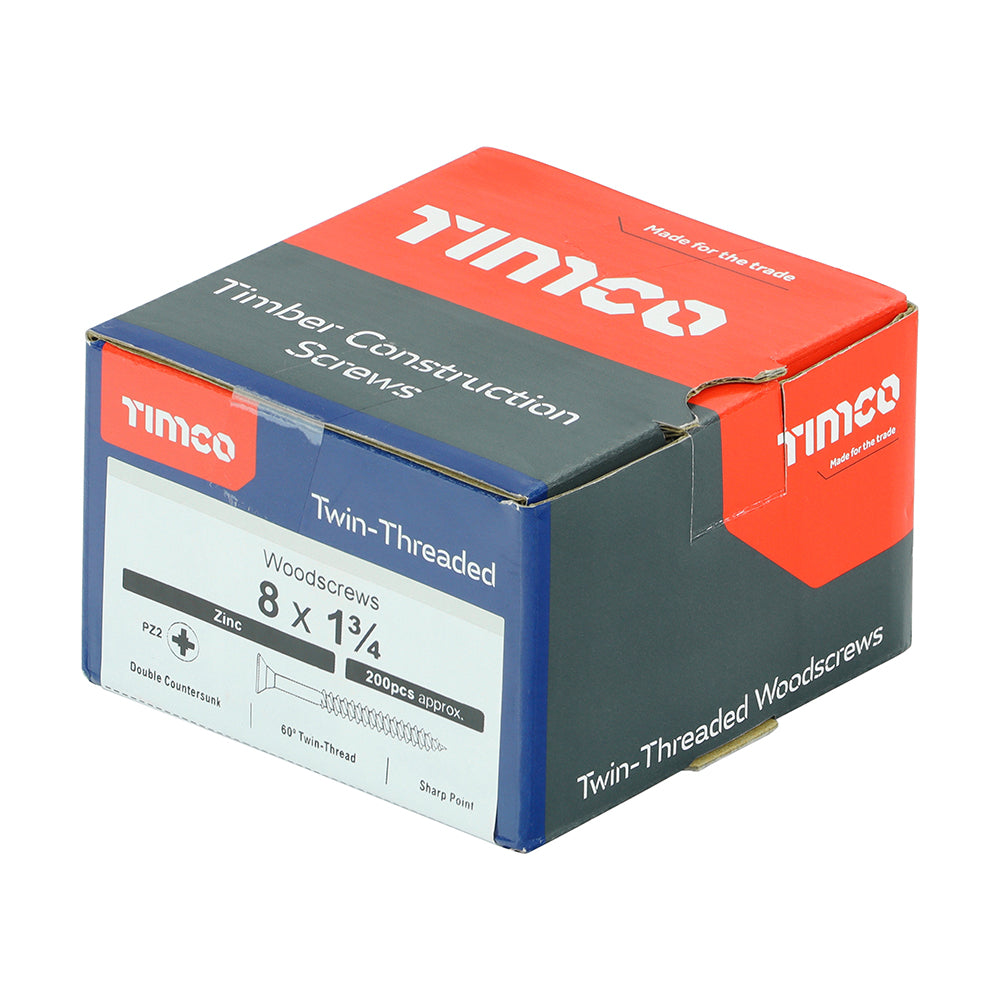 Twin Woodscrew PZ2 CSK Zinc - 8 x 1 3/4 | Box of 200
