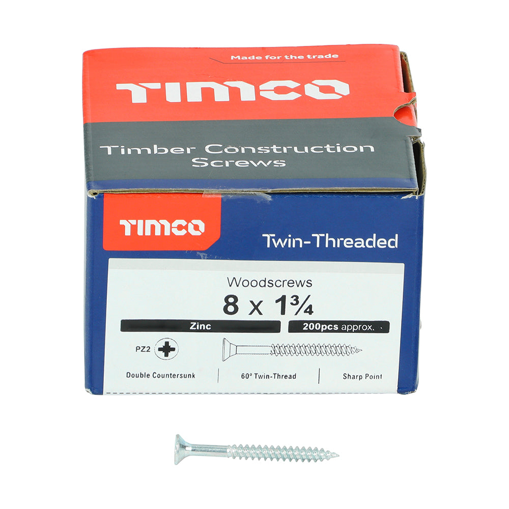 Twin Woodscrew PZ2 CSK Zinc - 8 x 1 3/4 | Box of 200