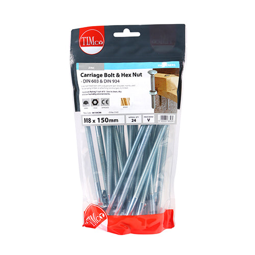 Carriage Bolt & Hex Nut - BZP - M8 x 150 | TIMpac of 2