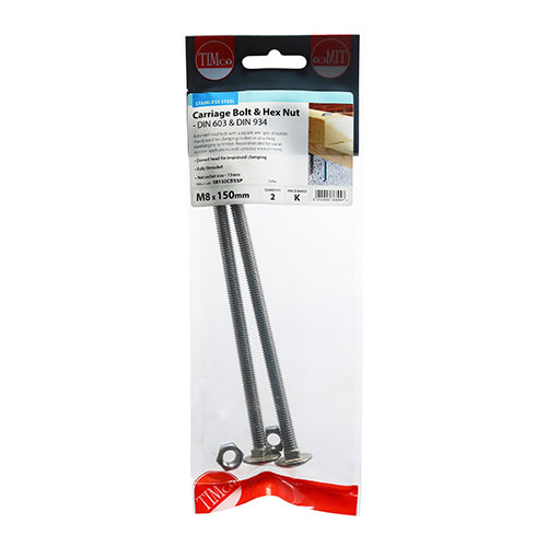Carriage Bolt & Hex Nut -A2 SS - M8 x 150 | TIMpac of 2