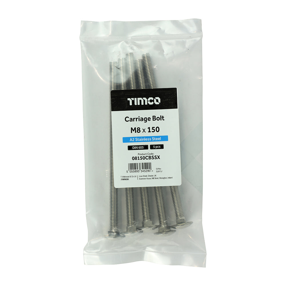 Carriage Bolt DIN 603 A2 SS - M8 x 150 | Bag of 5