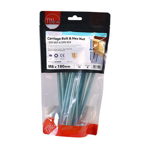 Carriage Bolt & Hex Nut - BZP - M8 x 180 | TIMpac of 2