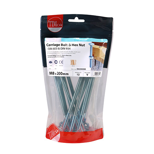 Carriage Bolt & Hex Nut - BZP - M8 x 200 | TIMbag of 12