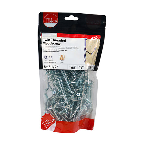 Twin Woodscrew PZ2 CSK - BZP - 8 x 2 1/2 | TIMpac of 12