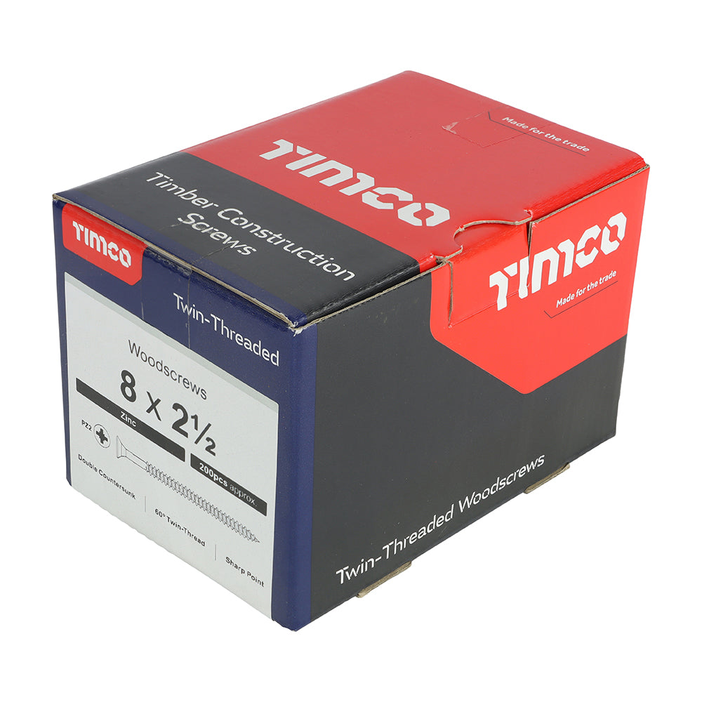 Twin Woodscrew PZ2 CSK Zinc - 8 x 2 1/2 | Box of 200