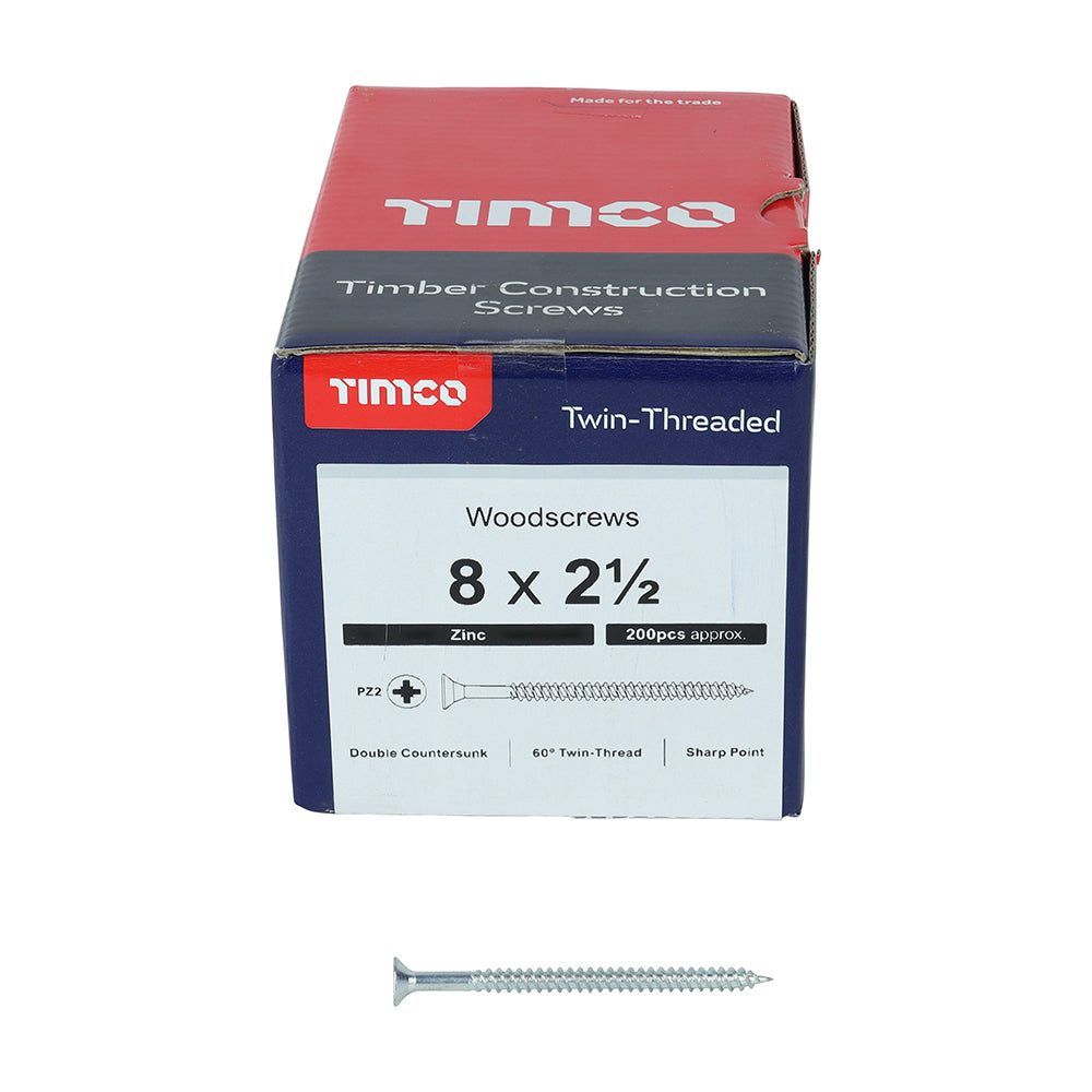 Twin Woodscrew PZ2 CSK Zinc - 8 x 2 1/2 | Box of 200