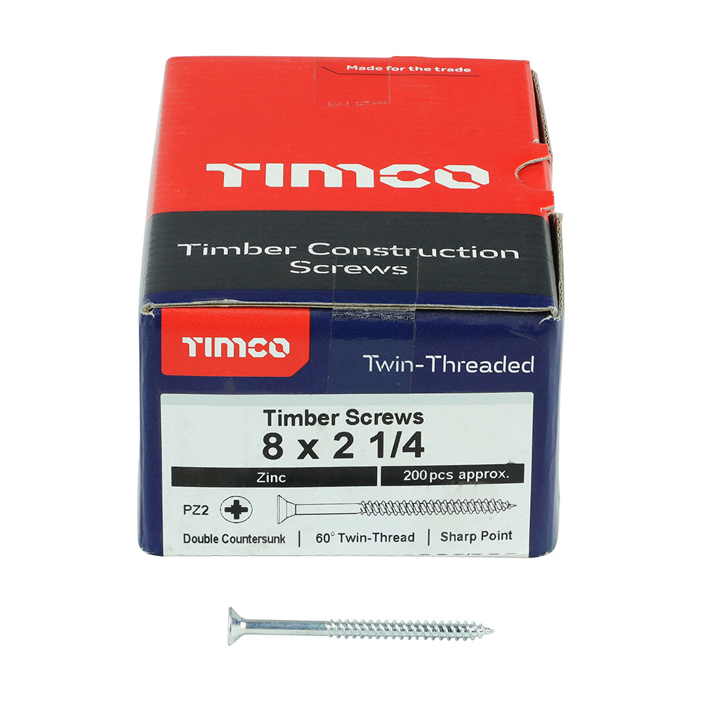 Twin Woodscrew PZ2 CSK Zinc - 8 x 2 1/4 | Box of 200
