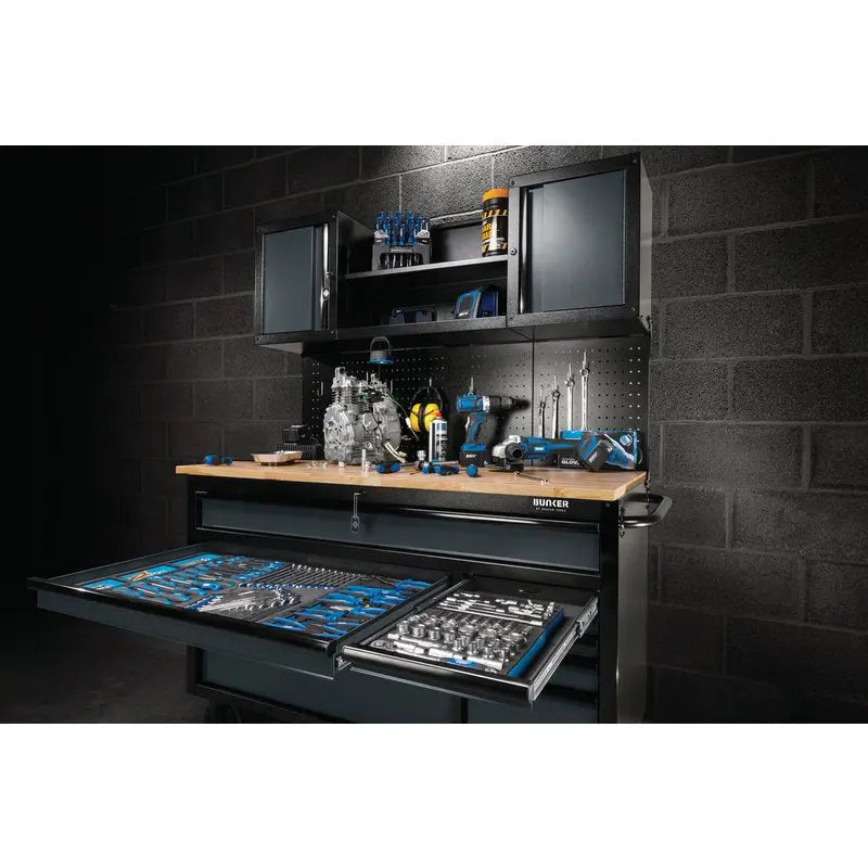 BUNKER® Roller Workstation With Workbench, 10 Drawer 56", Grey Draper Tools