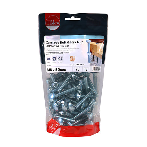 Carriage Bolt & Hex Nut - BZP - M8 x 50 | TIMpac of 4