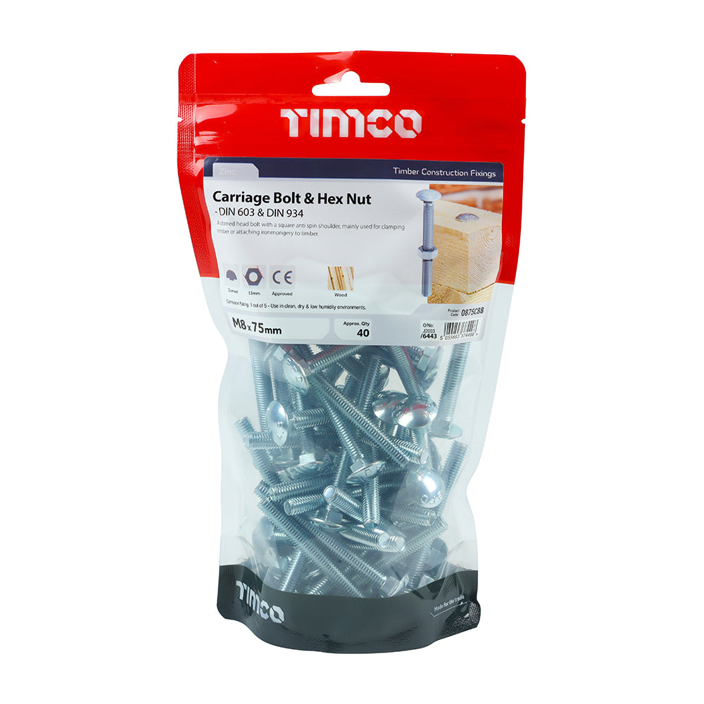Carriage Bolt & Hex Nut - BZP - M8 x 75 | TIMpac of 4