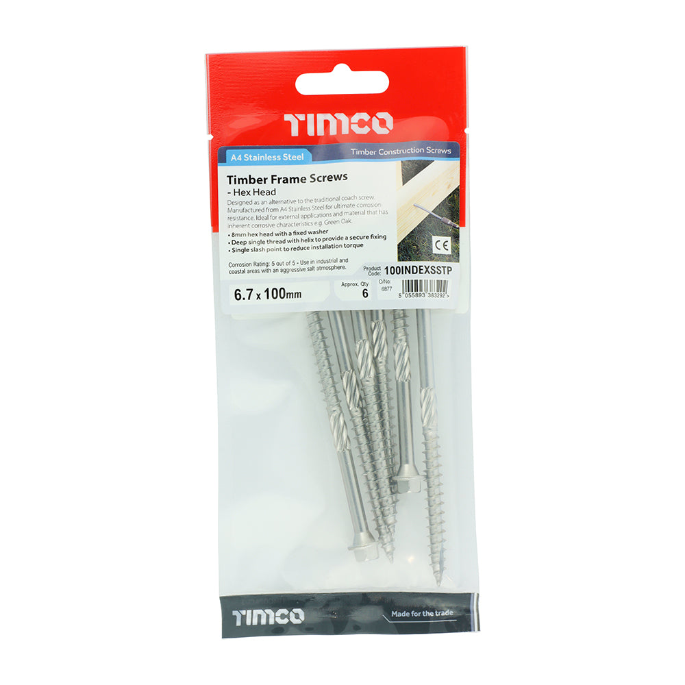 Hex Head Timber Screw - A4 SS - 6.7 x 100 | TIMpac of 6
