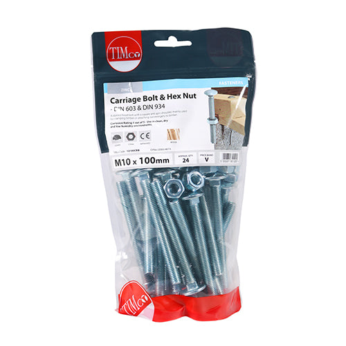 Carriage Bolt & Hex Nut - BZP - M10 x 100 | TIMpac of 2