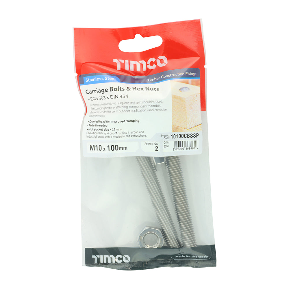 Carriage Bolt & Hex Nut -A2 SS - M10 x 100 | TIMpac of 2