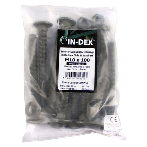 Carriage Bolt,Nut & Washer-GRN - M10 x 100 | Bag of 10