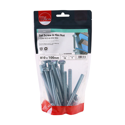 Set Screw & Hex Nut - BZP - M10 x 100 | TIMpac of 2