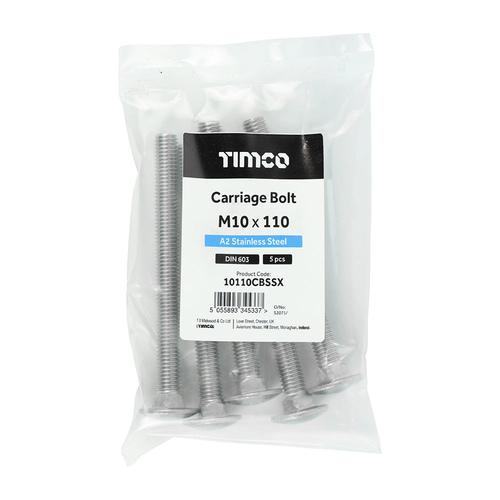 Carriage Bolt DIN 603 A2 SS - M10 x 110 | Bag of 5