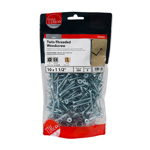 Twin Woodscrew PZ2 CSK - BZP - 10 x 1 1/2 | TIMpac of 15