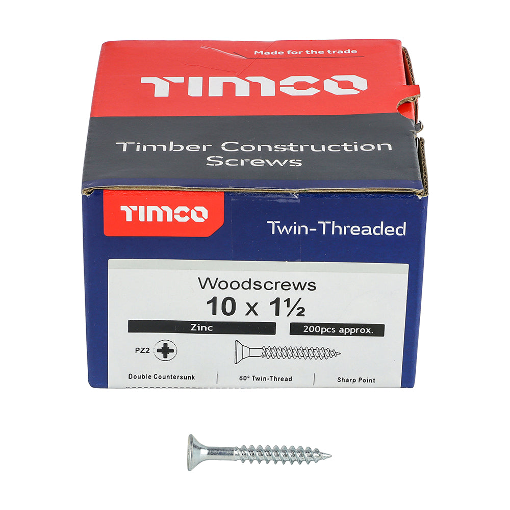 Twin Woodscrew PZ2 CSK Zinc - 10 x 1 1/2 | Box of 200