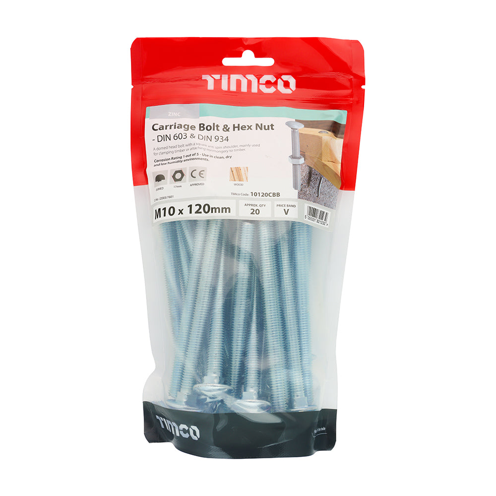 Carriage Bolt & Hex Nut - BZP - M10 x 120 | TIMpac of 2