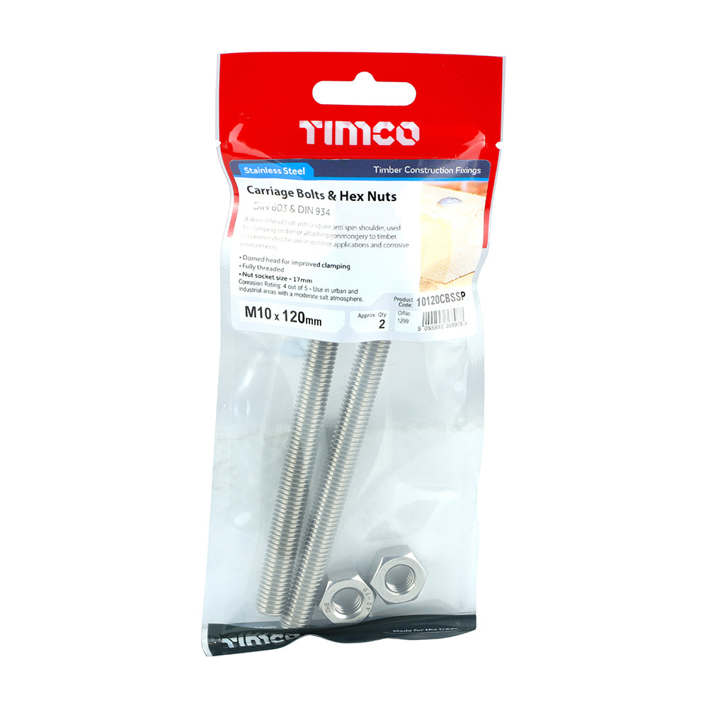 Carriage Bolt & Hex Nut -A2 SS - M10 x 120 | TIMpac of 2