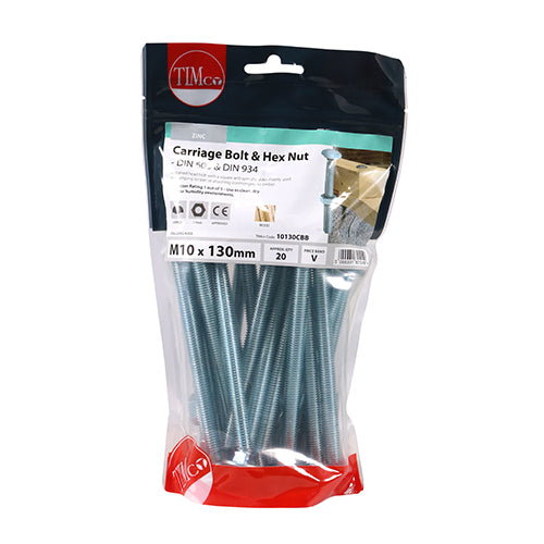 Carriage Bolt & Hex Nut - BZP - M10 x 130 | TIMpac of 2