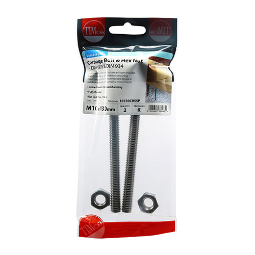 Carriage Bolt & Hex Nut -A2 SS - M10 x 130 | TIMpac of 2