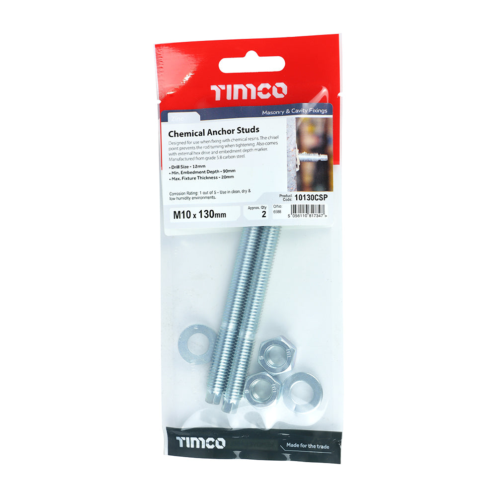 Chemical Anchor Stud - BZP - M10 x 130 | TIMpac of 2