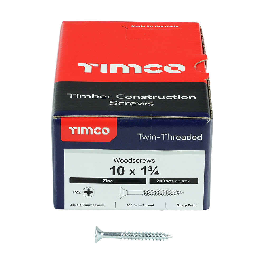 Twin Woodscrew PZ2 CSK Zinc - 10 x 1 3/4 | Box of 200
