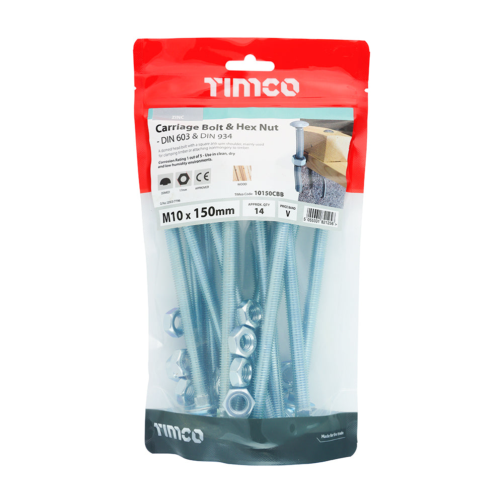Carriage Bolt & Hex Nut - BZP - M10 x 150 | TIMpac of 2