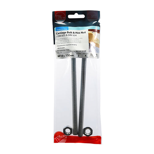 Carriage Bolt & Hex Nut -A2 SS - M10 x 150 | TIMpac of 2