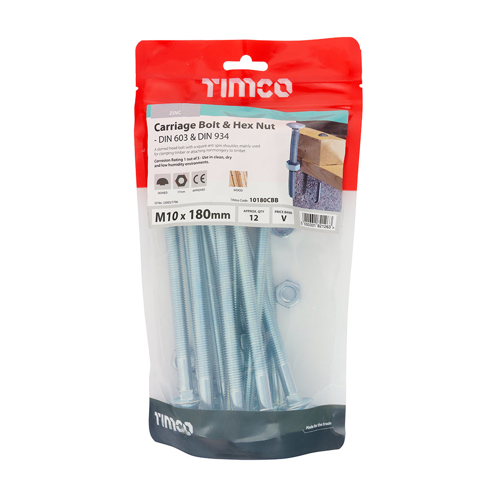 Carriage Bolt & Hex Nut - BZP - M10 x 180 | TIMpac of 2