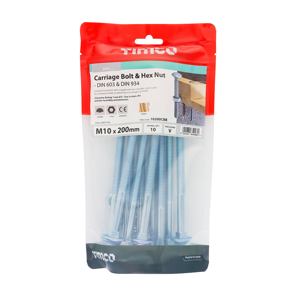 Carriage Bolt & Hex Nut - BZP - M10 x 200 | TIMbag of 10