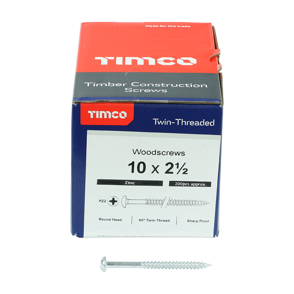 Twin Woodscrew PZ2 RND Zinc - 10 x 2 1/2 | Box of 200