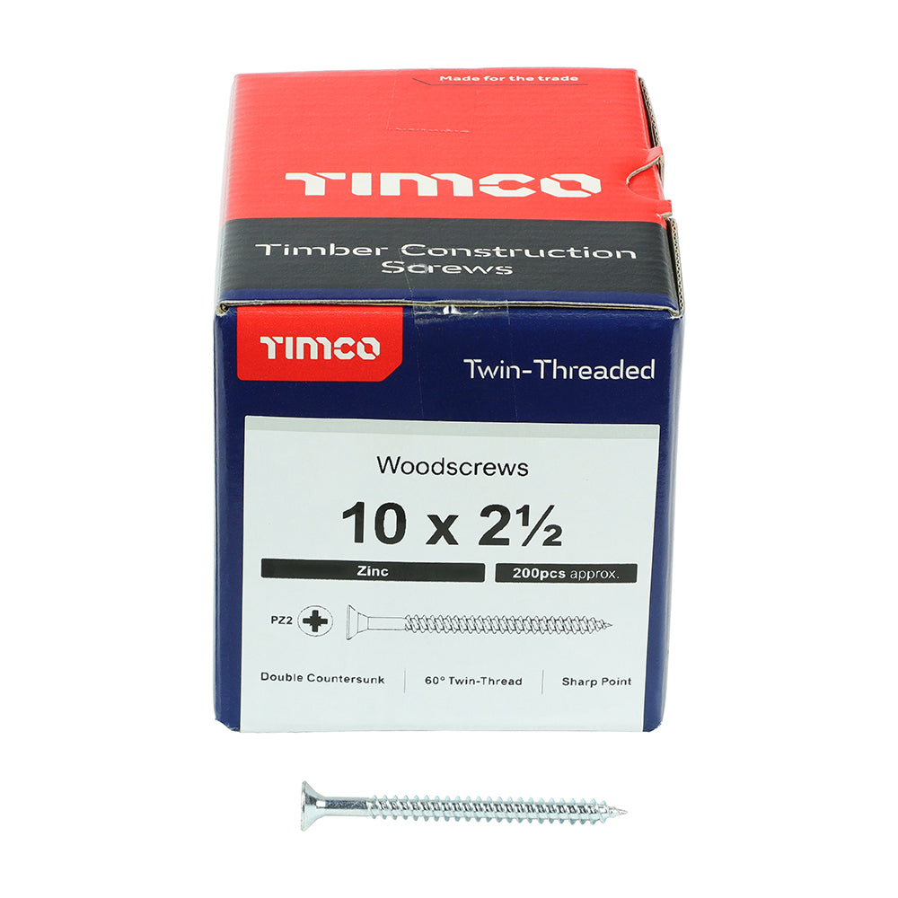 Twin Woodscrew PZ2 CSK Zinc - 10 x 2 1/2 | Box of 200