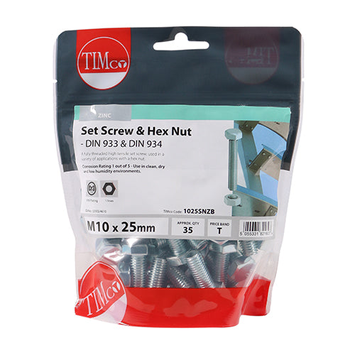 Set Screw & Hex Nut - BZP - M10 x 25 | TIMpac of 2